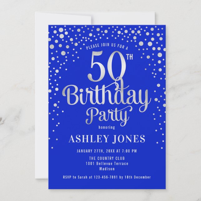 Invitation Fête du 50e anniversaire - Royal Blue & Silver (Devant)