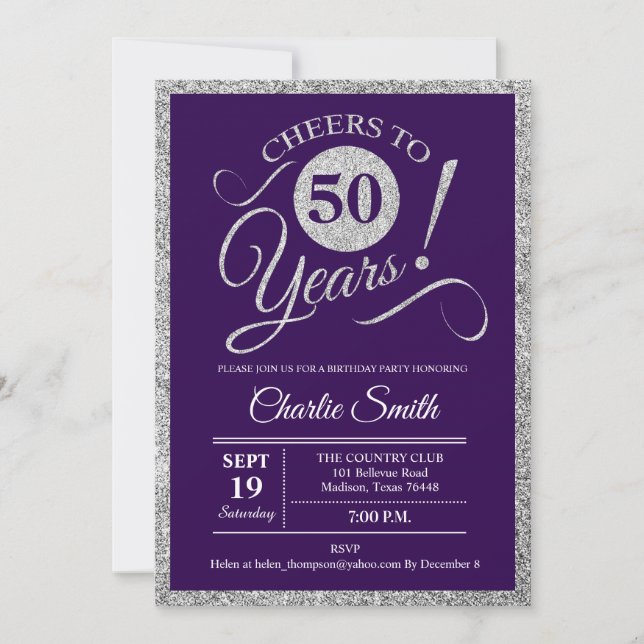 Invitation Fête du 50e anniversaire - Silver Purple TOUTE ANN (Devant)