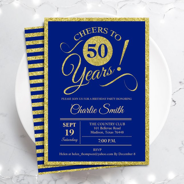 Invitation Fête du 50e anniversaire - TOUT AGE Royal Blue Gol (Créateur téléchargé)