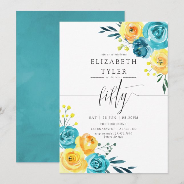 Invitation Fête du 50e anniversaire Turquoise et Jaune (Devant / Derrière)