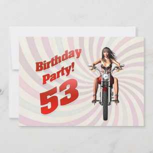 Invitation Fête du 53e anniversaire avec une fille sur une mo