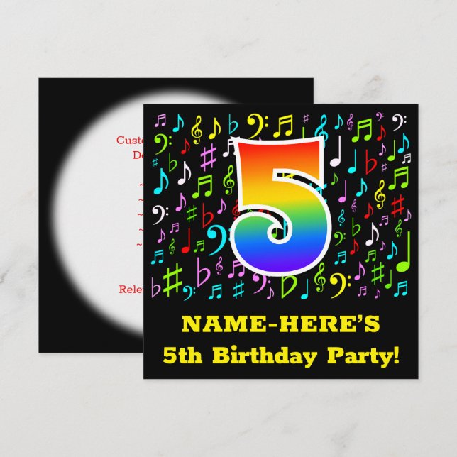 Invitation Fête du 5e anniversaire : Symboles de musique amus (Devant / Derrière)