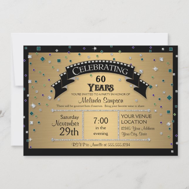 Invitation Fête du 60e anniversaire Faux Jewel Confetti (Devant)