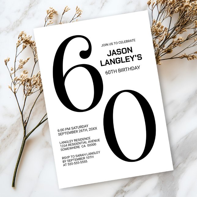 Invitation Fête du 60e anniversaire moderne noir et blanc (Créateur téléchargé)