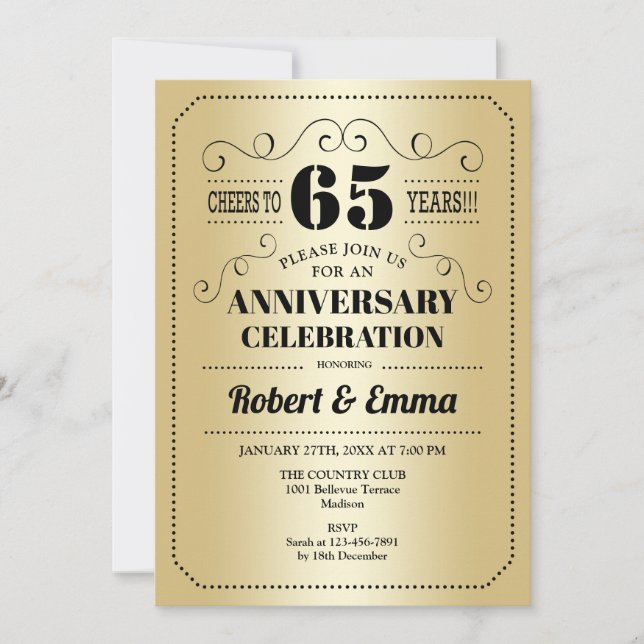Invitation Fête du 65e anniversaire de mariage - Or Noir (Devant)