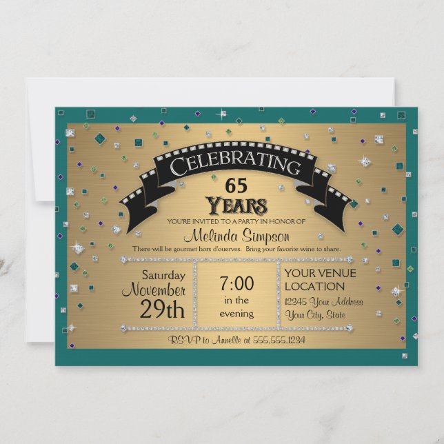 Invitation Fête du 65e anniversaire Faux Jewel Confetti (Devant)