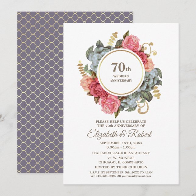 Invitation Fête du 70e Anniversaire de Mariage Floral (Devant / Derrière)