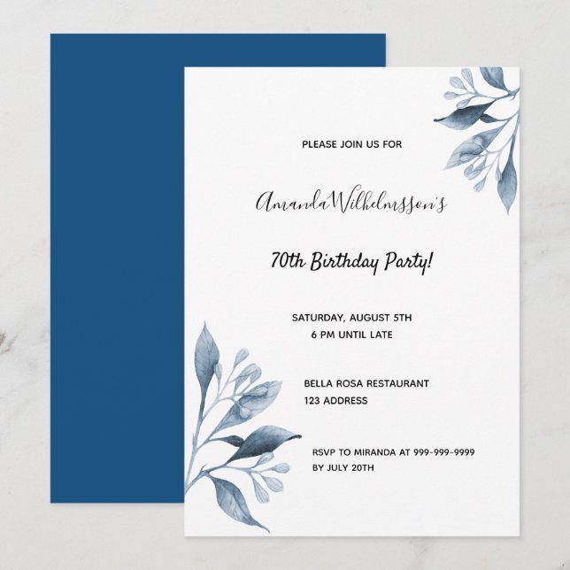 Invitation fête du 70e anniversaire fleurs blanches bleues bo (Devant / Derrière)