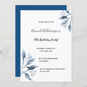 Invitation fête du 70e anniversaire fleurs blanches bleues bo