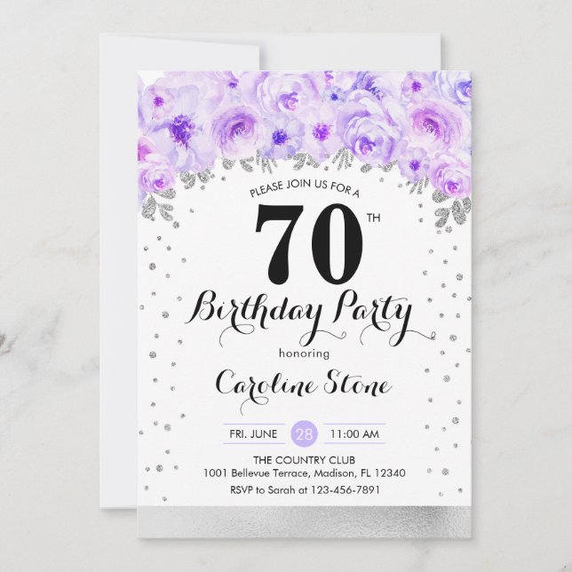Invitation Fête du 70e anniversaire - Fleurs violettes argent (Devant)