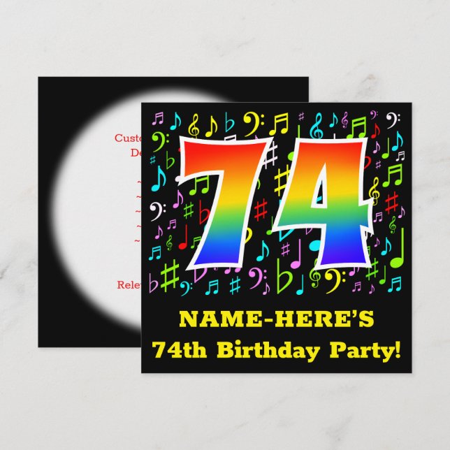 Invitation Fête du 74e anniversaire : Symboles de musique amu (Devant / Derrière)