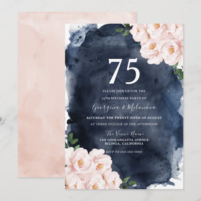 Invitation Fête du 75e anniversaire du Blush Floral de la Mar (Devant / Derrière)