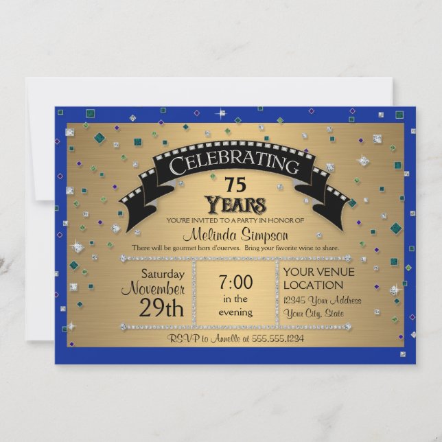 Invitation Fête du 75e anniversaire Faux Jewel Confetti (Devant)