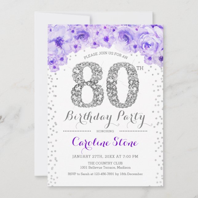 Invitation Fête du 80e anniversaire - Blanc Argent violet (Devant)