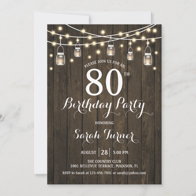 Invitation Fête du 80e anniversaire - Bois rustique (Devant)