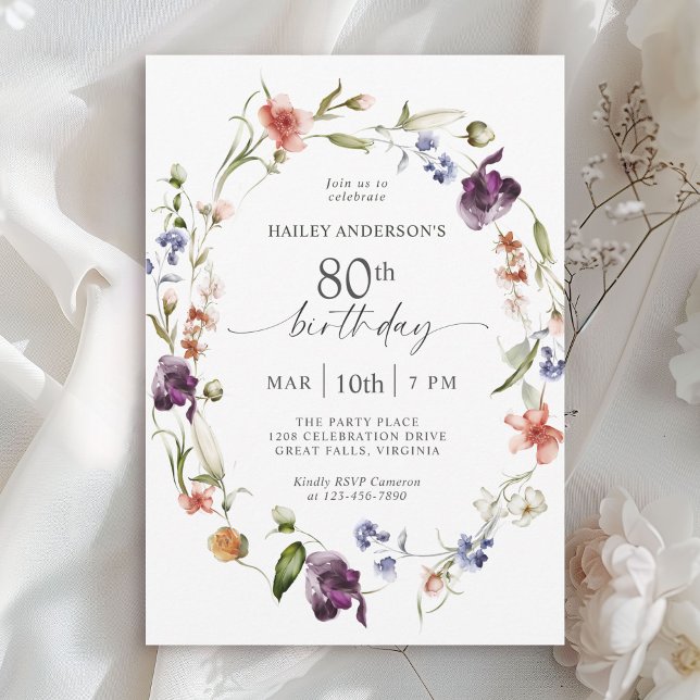 Invitation Fête du 80e anniversaire des femmes fleurs sauvage (Available in both printed and instant download digital formats.)