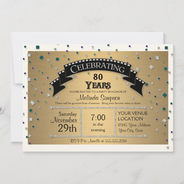 Invitation Fête du 80e anniversaire Faux Jewel Confetti (Devant)