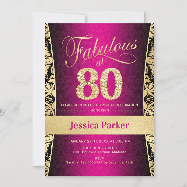 Invitation Fête du 80e anniversaire - Gold Pink Black (Devant)