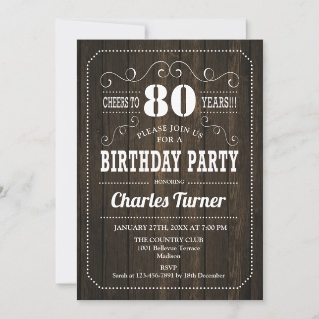 Invitation Fête du 80e anniversaire - Motif en bois Brown (Devant)