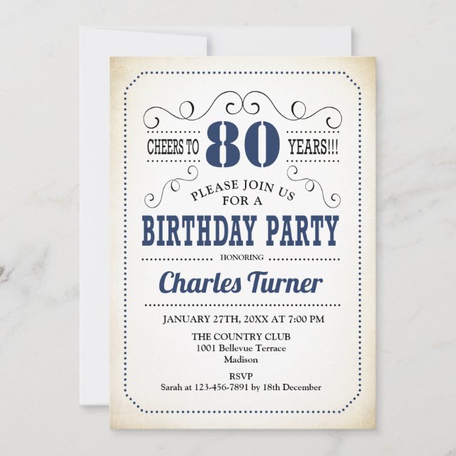 Invitation Fête du 80e anniversaire - Retro Creamy White et N (Devant)