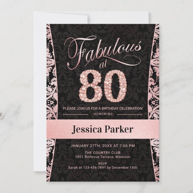 Invitation Fête du 80e anniversaire - Rose Gold Black (Devant)