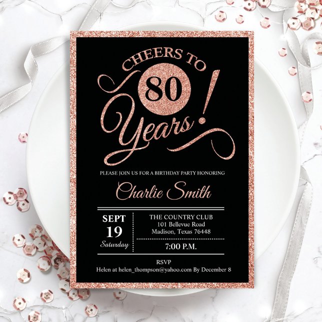 Invitation Fête du 80e anniversaire - Rose Gold Black ANY AGE (Créateur téléchargé)