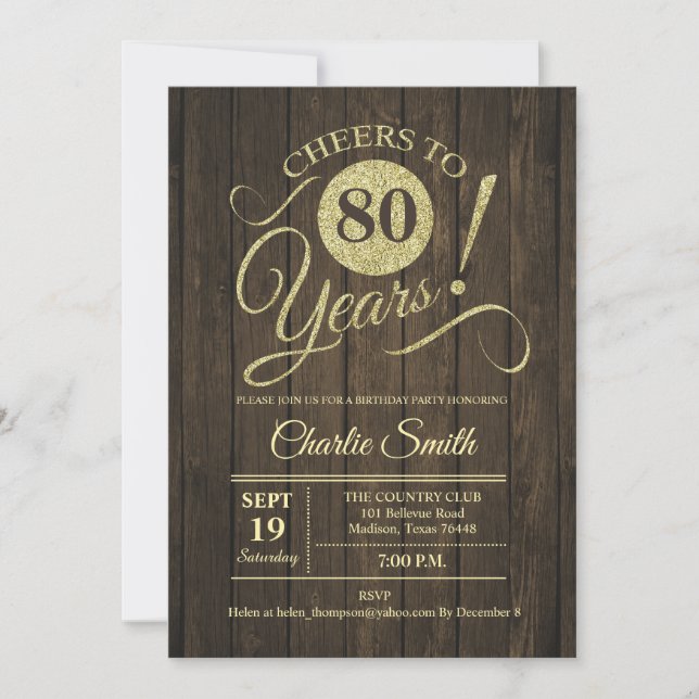 Invitation Fête du 80e anniversaire - Rustic Wood Gold (Devant)