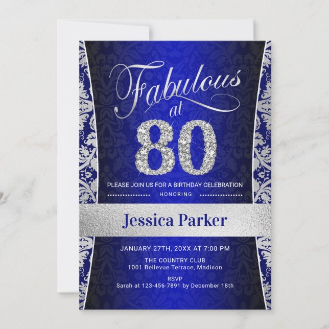 Invitation Fête du 80e anniversaire - Silver Royal Blue (Devant)