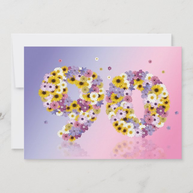 Invitation Fête du 90e anniversaire, avec des lettres fleurie (Devant)