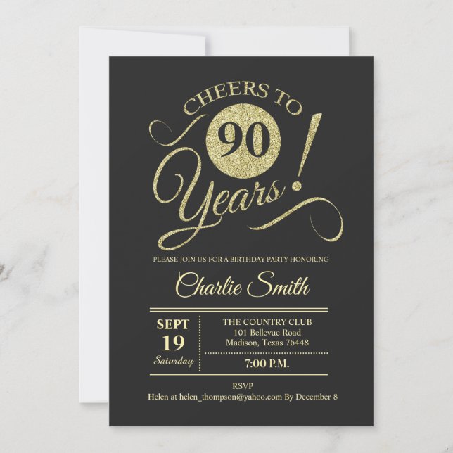 Invitation Fête du 90e anniversaire - Chalkboard Gold (Devant)