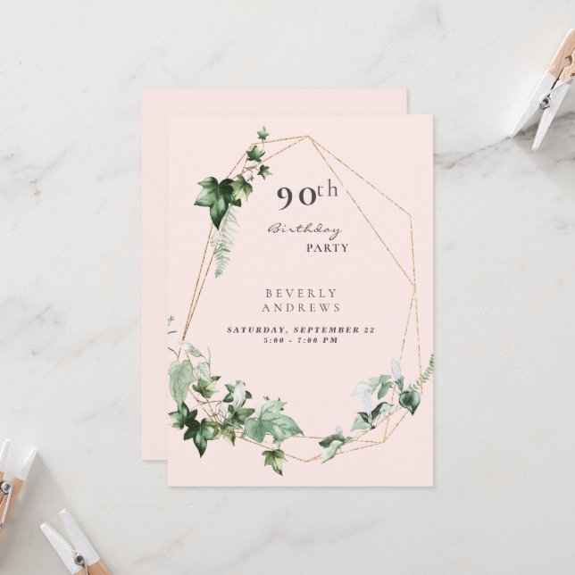 Invitation Fête du 90e anniversaire Elégant Foliage Champagne (Devant/Arrière en situation)