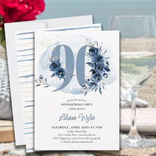 Invitation Fête du 90e anniversaire Fleur Nombre 90 Bleu côti