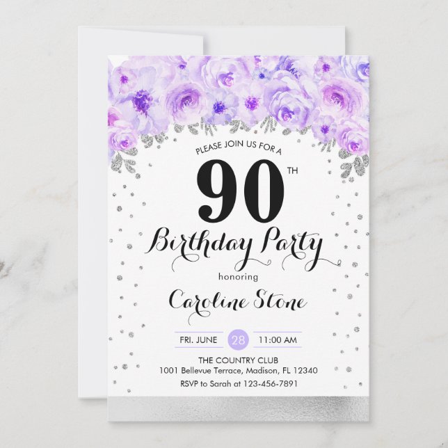 Invitation Fête du 90e anniversaire - Fleurs violettes argent (Devant)