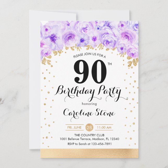 Invitation Fête du 90e anniversaire - Gold Purple Flowers (Devant)