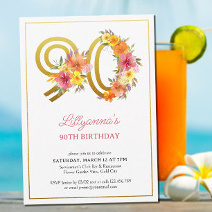 Invitation Fête du 90e anniversaire Joli nombre floral or 90