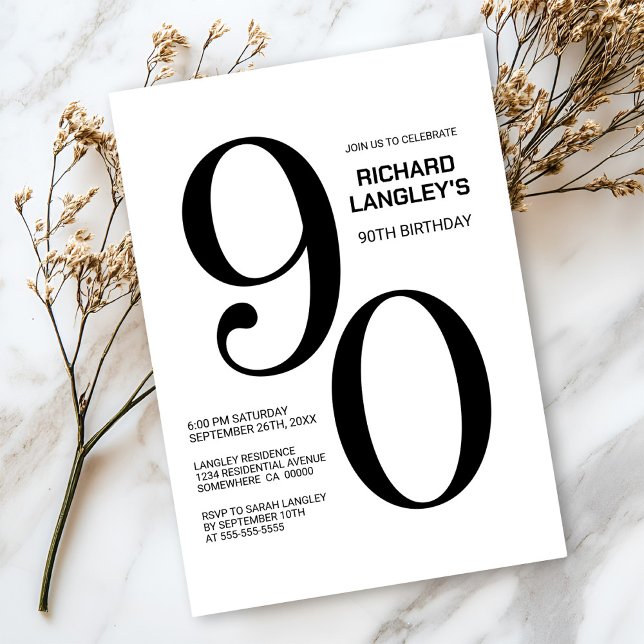 Invitation Fête du 90e anniversaire moderne noir et blanc (Créateur téléchargé)