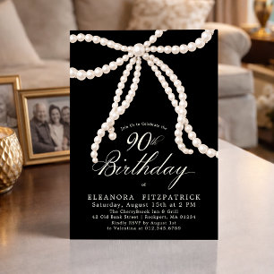 Invitation Fête du 90e anniversaire Noir et blanc Coquette Nœ