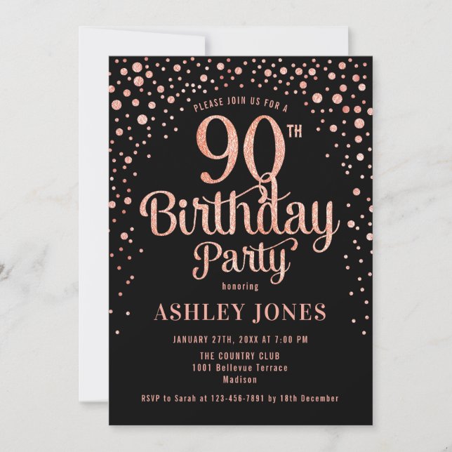 Invitation Fête du 90e anniversaire - Noir & Rose Gold (Devant)