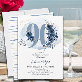 Invitation Fête du 90e anniversaire Nombre floral bleu côtier