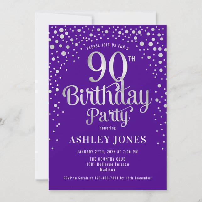 Invitation Fête du 90e anniversaire - Purple & Silver (Devant)