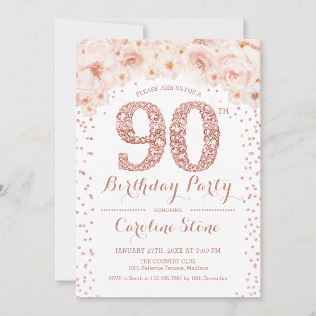 Invitation Fête du 90e anniversaire - Rose blanche Or (Devant)