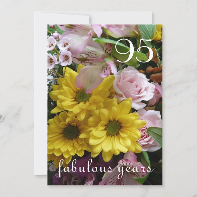Invitation Fête du 95e anniversaire ! - Fleurs rose et jaune (Devant)