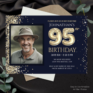 Invitation Fête du 95e anniversaire Photo paillettes or bleu