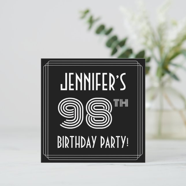 Invitation Fête du 98e anniversaire : Art Déco Style avec nom (Debout devant)