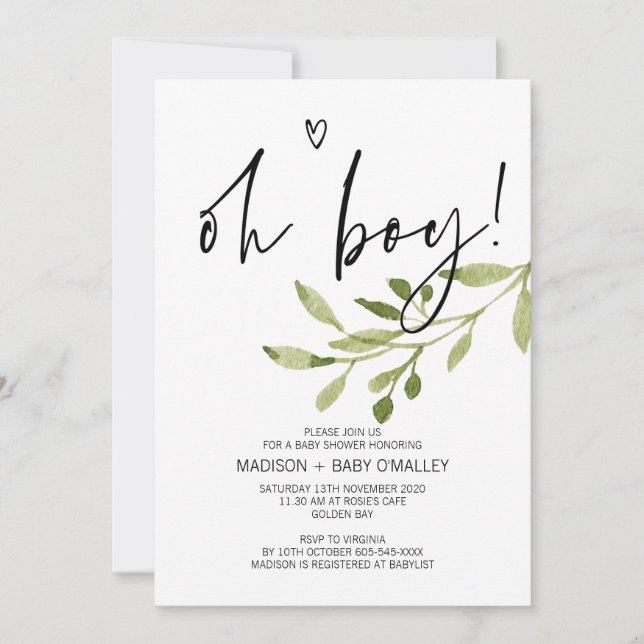 Invitation Fête du Baby shower de l'Eucalyptus Oh Boy (Devant)