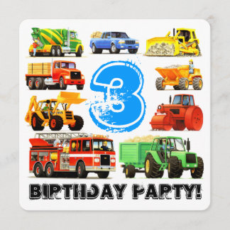 Invitation Fête du Camion de construction pour enfants du 3e