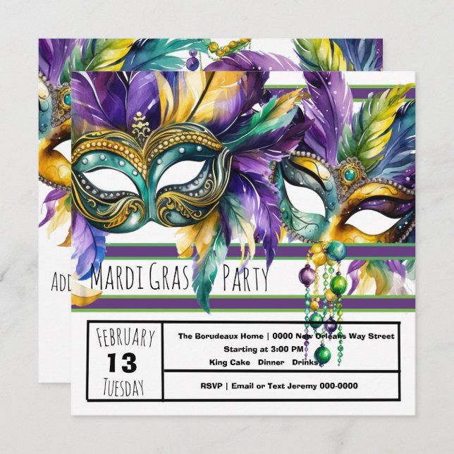 Invitation Fête du Carnaval de Mardi Gras (Devant / Derrière)