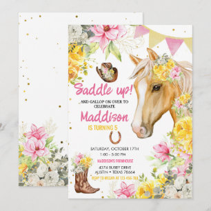 Invitation Fête du Cheval fille rose jaune Floral Anniversair