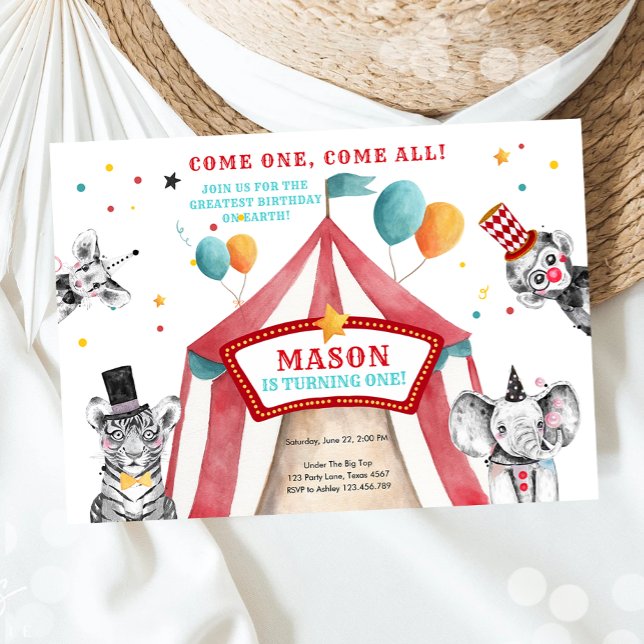 Invitation Fête du cirque Animaux Fête du carnaval Premier an (Créateur téléchargé)