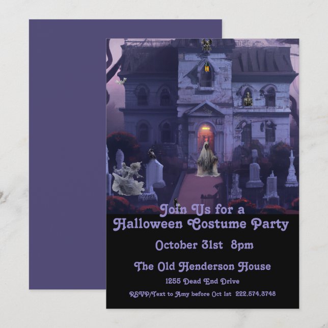 Invitation Fête du costume d'Halloween, Maison hantée (Devant / Derrière)